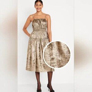 Old Navy Metallic Gold Midi Dress Cami Elastic Waist Pockets XL EUC